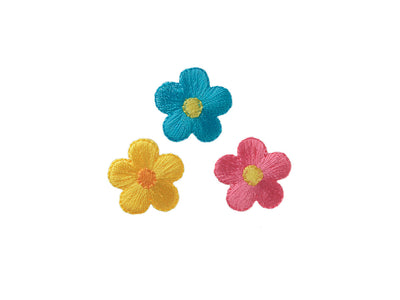 Appliques - Kids and Hits - iron-on flowers approx. 2.5 x 2.5 cm blue/yellow/pink 3 pieces