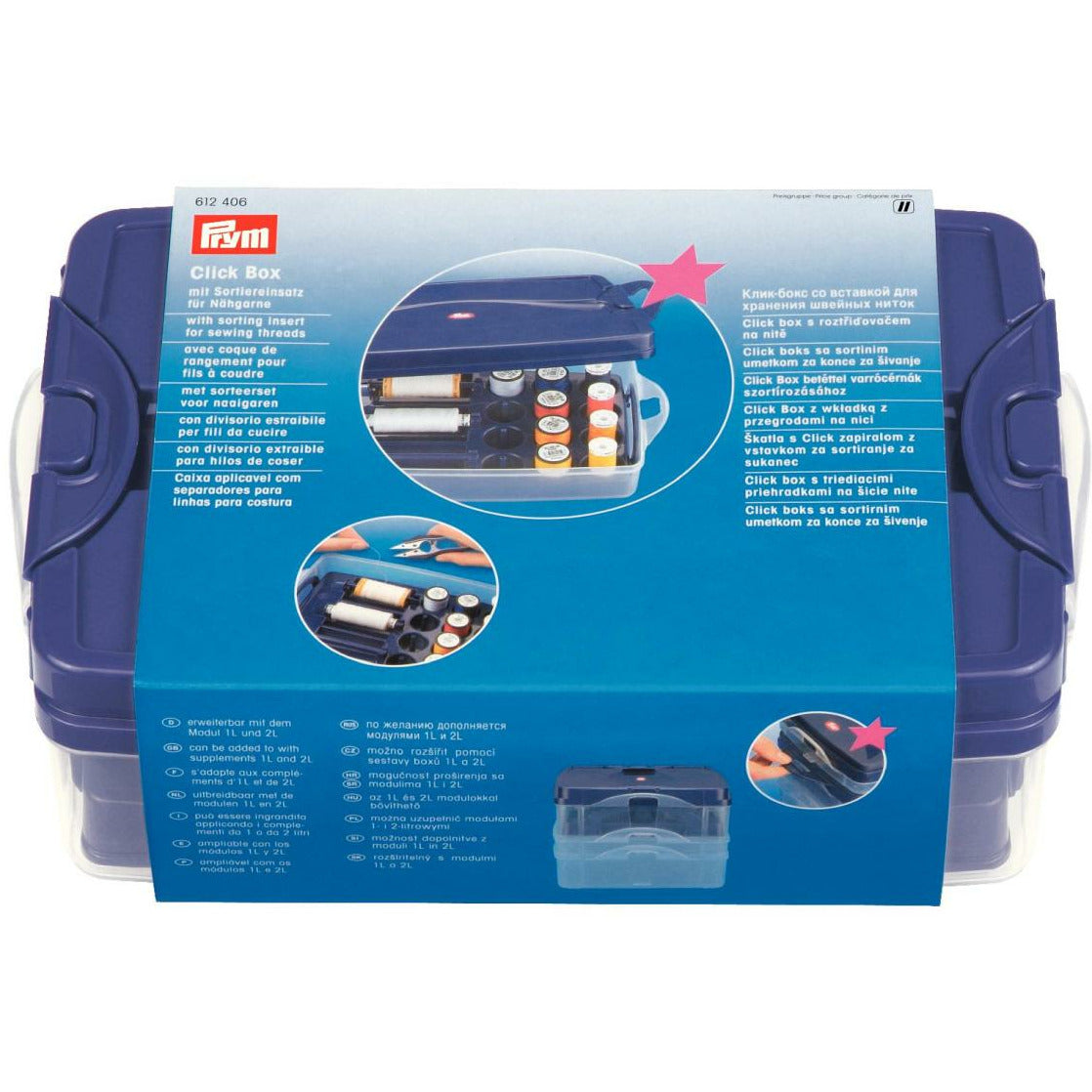 Click-Box with sorting insert for sewing threads approx. 24x16.5x8 cm transparent/plum blue