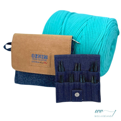 Needle set Indigo Wood Short IC interchangeable needle tips wood, 7 pairs 3.0 - 6.0 mm + accessories denim fabric bag