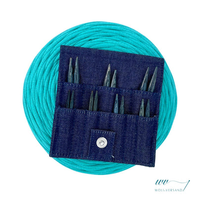 Needle set Indigo Wood Short IC interchangeable needle tips wood, 7 pairs 3.0 - 6.0 mm + accessories denim fabric bag