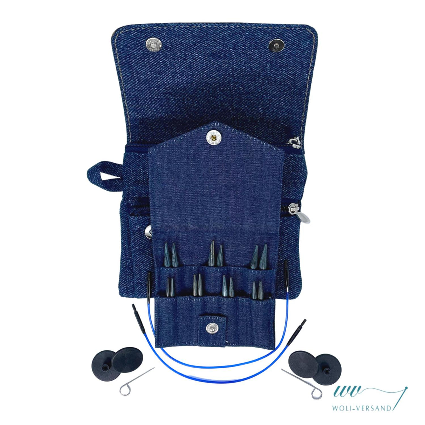 Needle set Indigo Wood Short IC interchangeable needle tips wood, 7 pairs 3.0 - 6.0 mm + accessories denim fabric bag